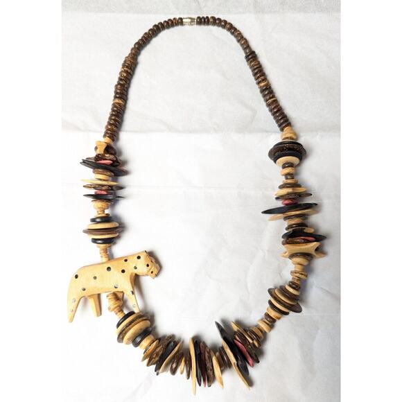 Tribal Statement Bib Necklace FOLK ART WOOD SAFARI offset cheetah nut shell bead - Picture 5 of 6